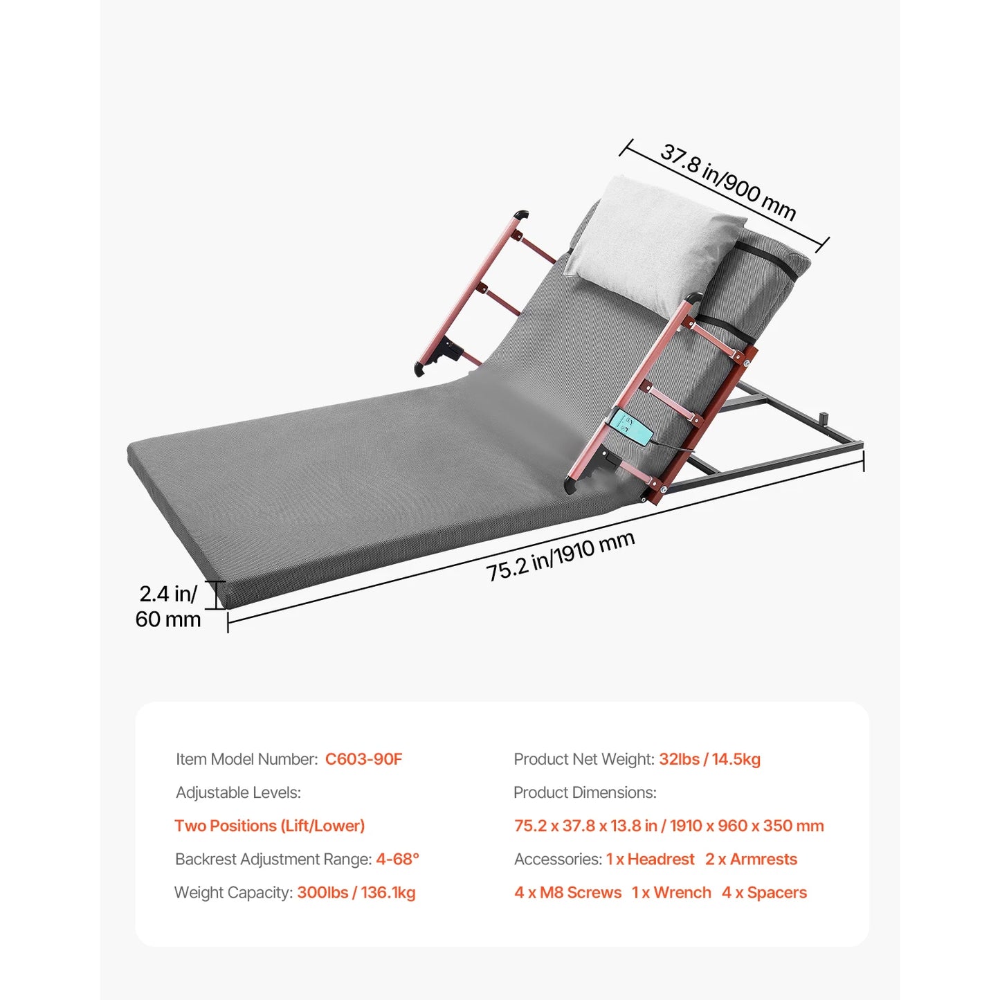 SucceBuy Electric Lifting Backrest For Bed With Guardrail Armrest