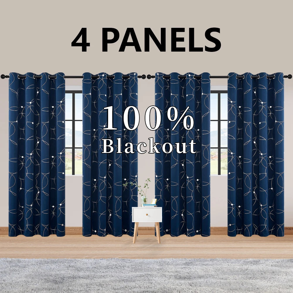 Foil Printed Blackout Curtains Grommet Thermal Insulated Room Darkening