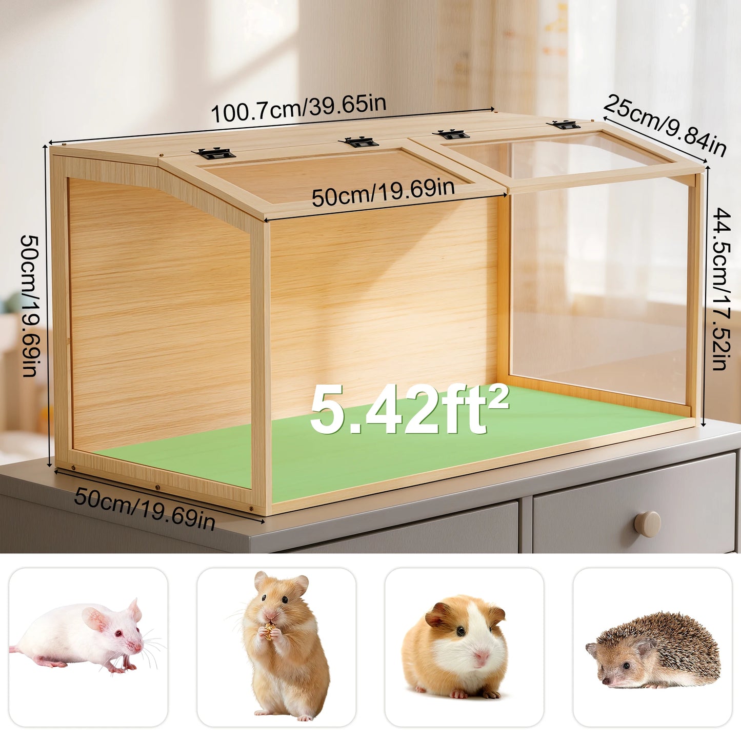 Natural Wooden Hamster Cage With Glass Panels And LED Light