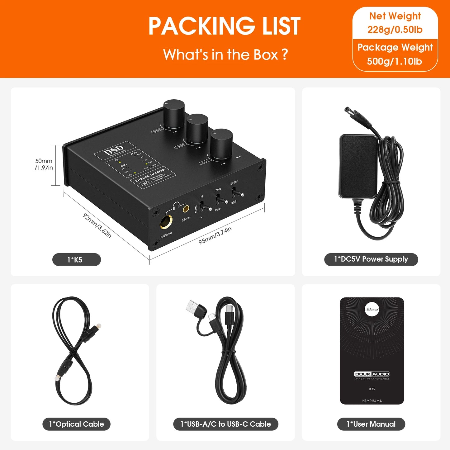 Douk Audio K5 Mini USB DAC Optical Headphone Amplifier DSD256
