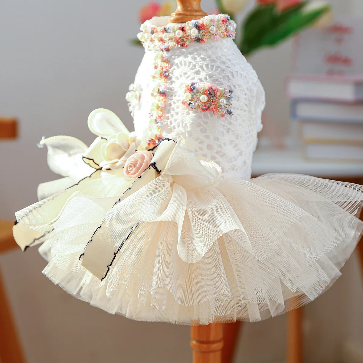 Spring Summer Dog Tutu Dress With 3D Flower Knot Bow