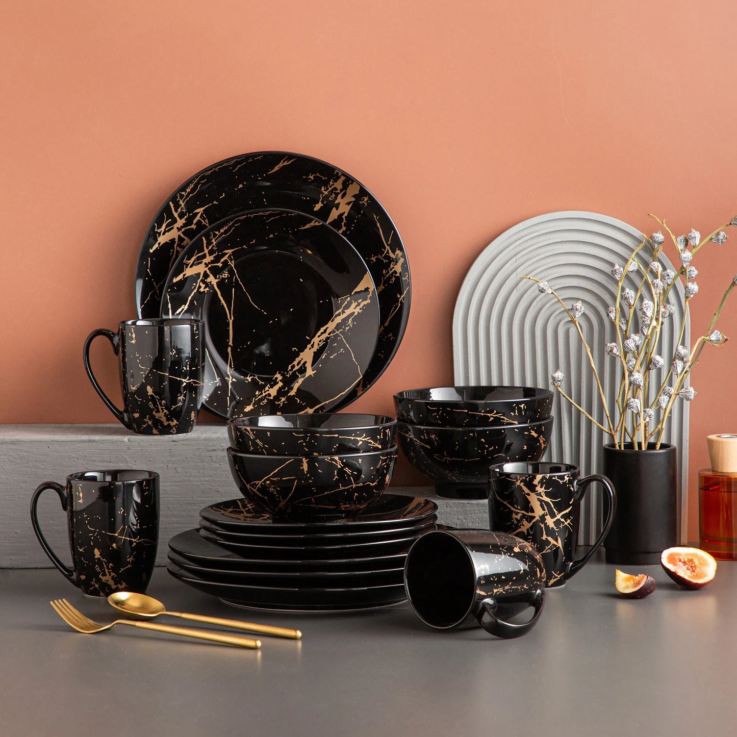 MALACASA Porcelain Dinnerware Set Gold Splash Pattern For Elegant Dining