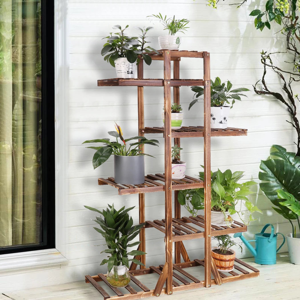 BINGOPAW 6 Tier Wooden Plant Stand Carbonized Wood Flower Display
