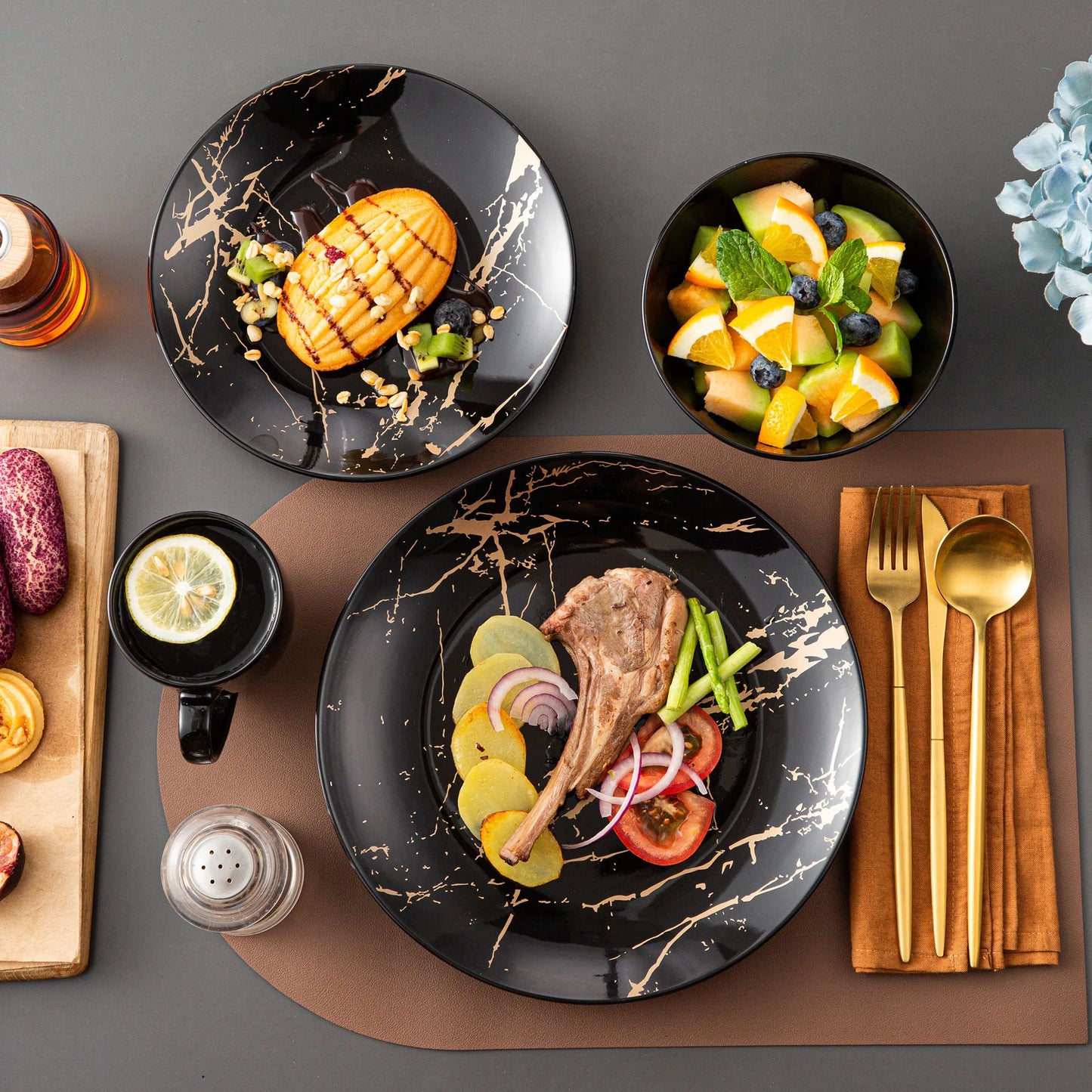 MALACASA Porcelain Dinnerware Set Gold Splash Pattern For Elegant Dining