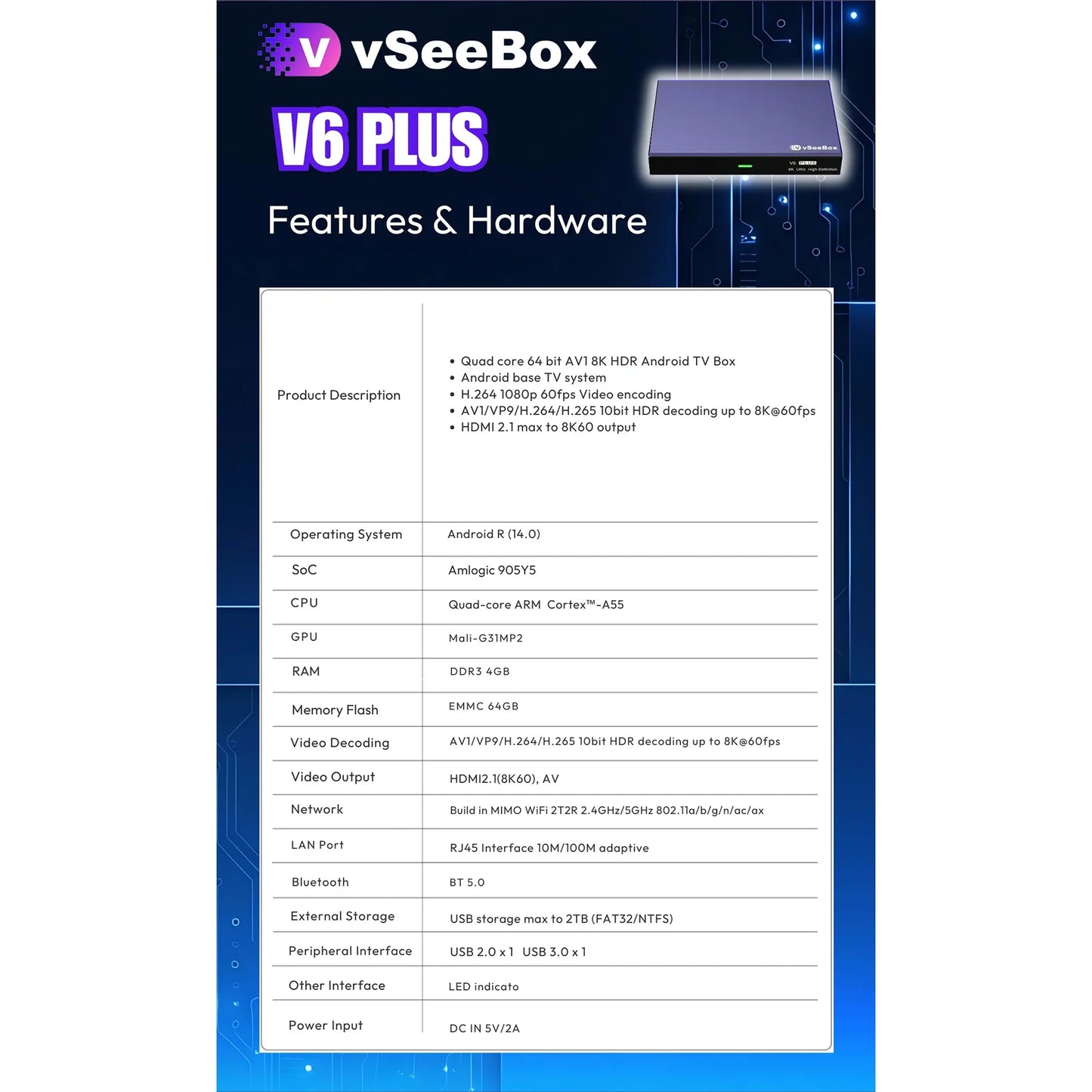 VseeCzydore V6 Plus Android TV Box 64GB 8K60Hz Voice Control