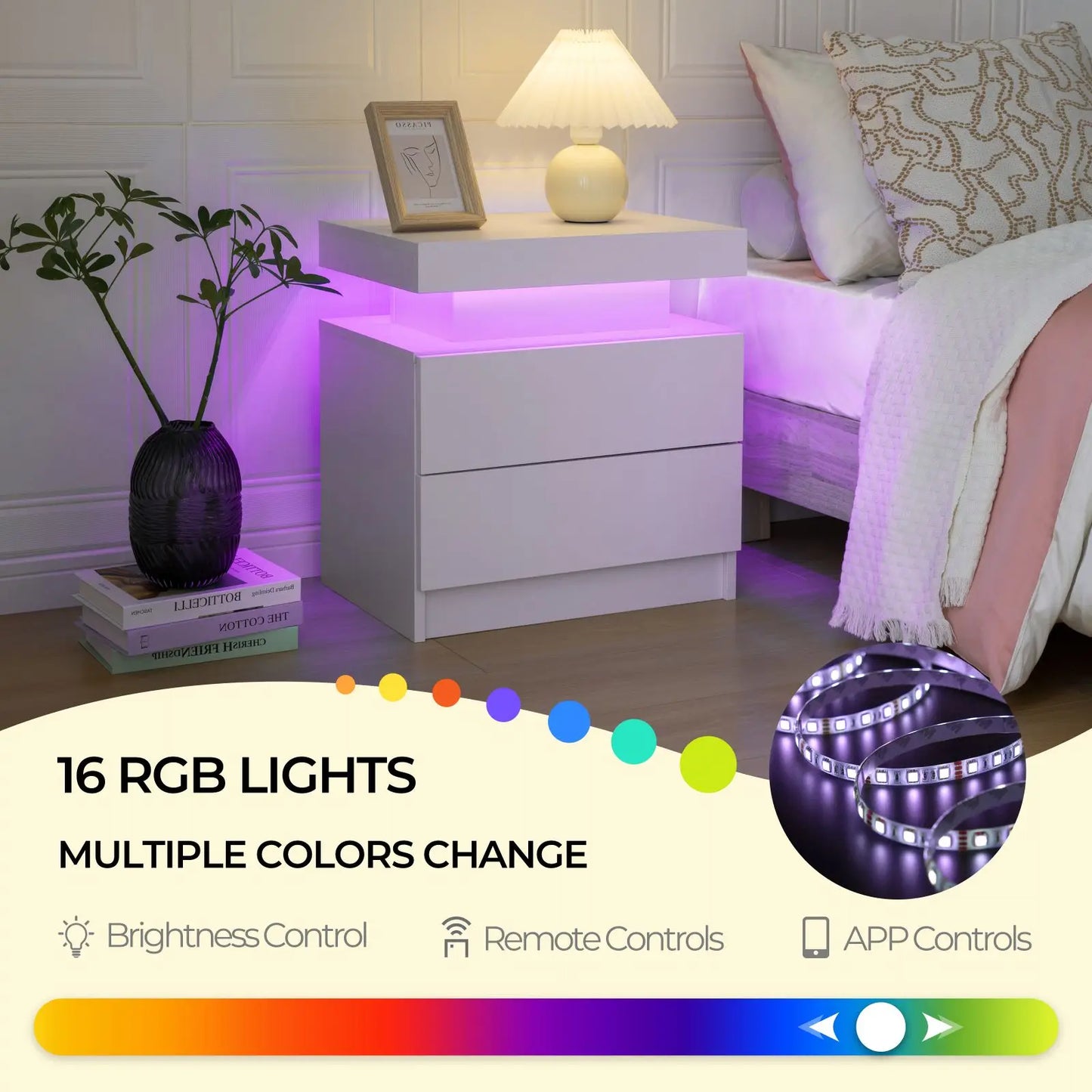 Cubehom LED Nightstand With 2 Drawers And RGB Lights