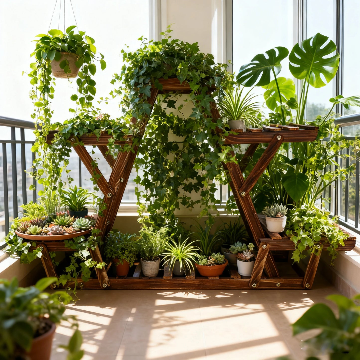 Carbonized Triangle 6 Tier Corner Wood Plant Stand Indoor Outdoor