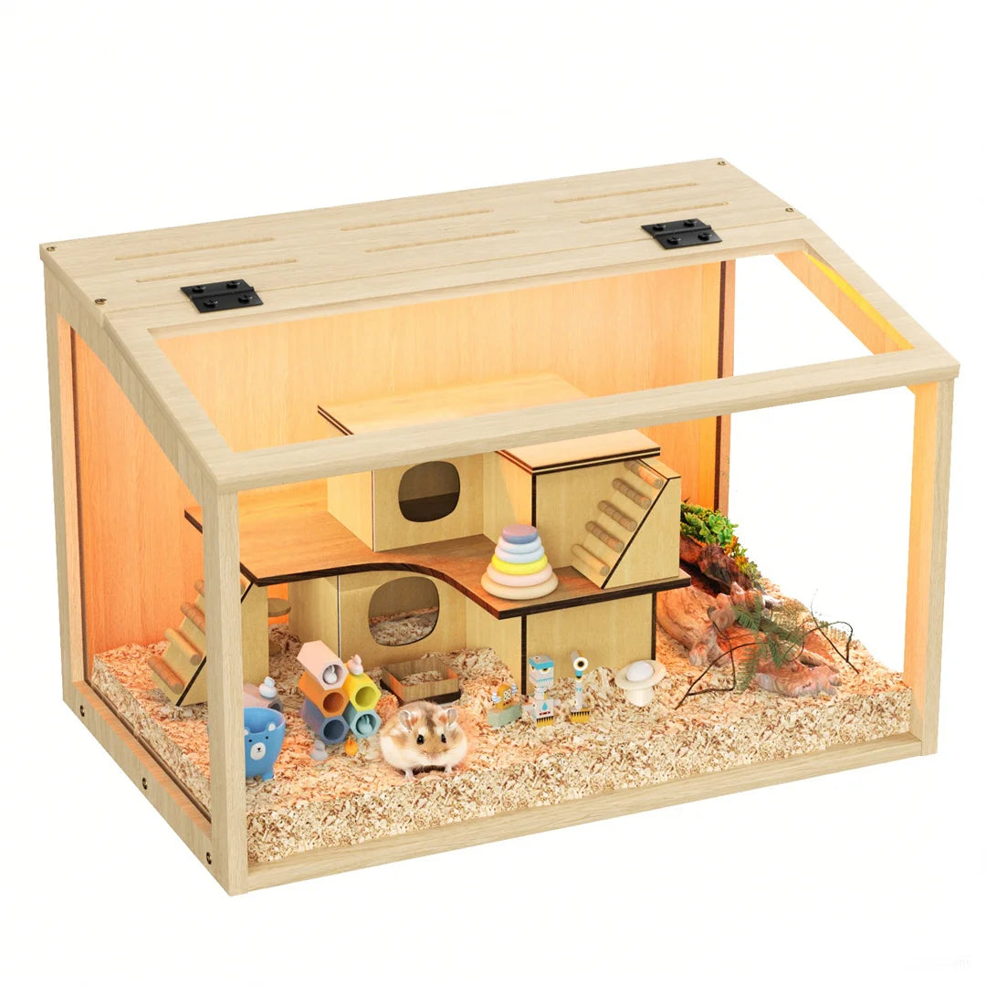 Natural Wooden Hamster Cage With Glass Panels And LED Light