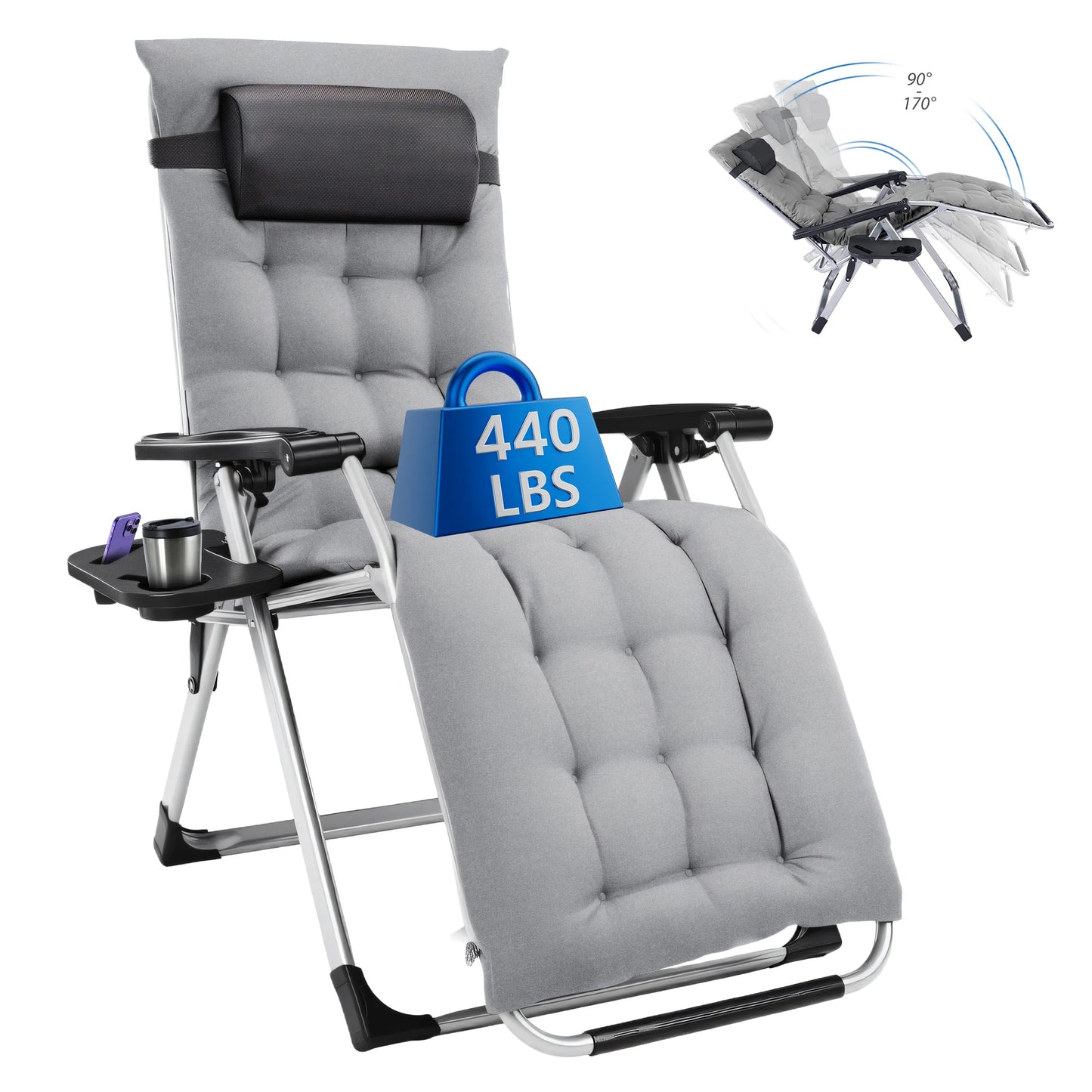 MCQ Zero Gravity Cushioned Lounge Chair Outdoor Folding Cup Holder