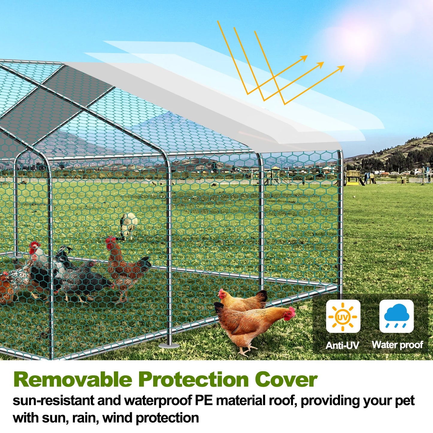 Teousev Large Metal Chicken Coop Walk In Run With Peaked Roof