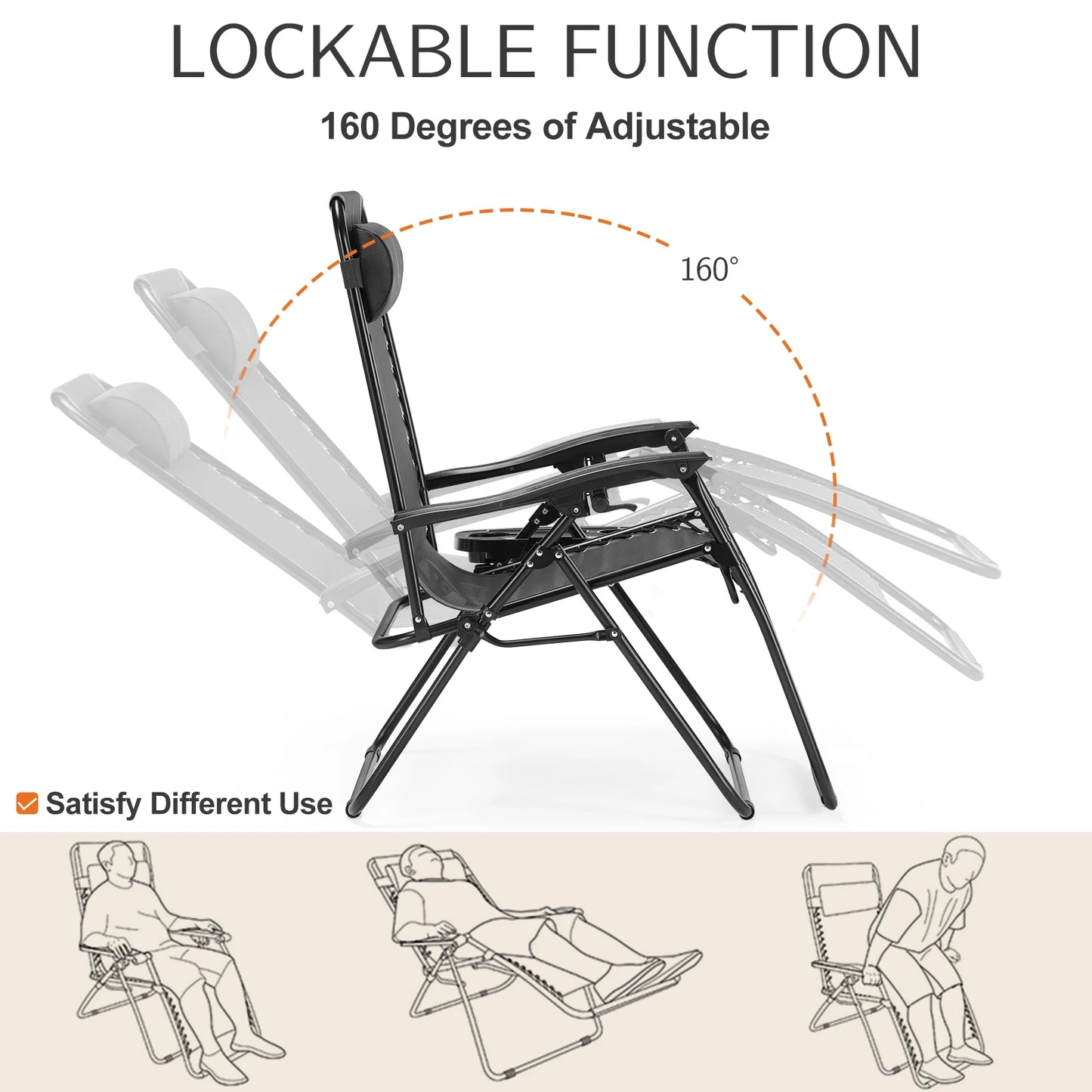 JHK Zero Gravity Portable Recliner With Cup Holder Trays Outdoors