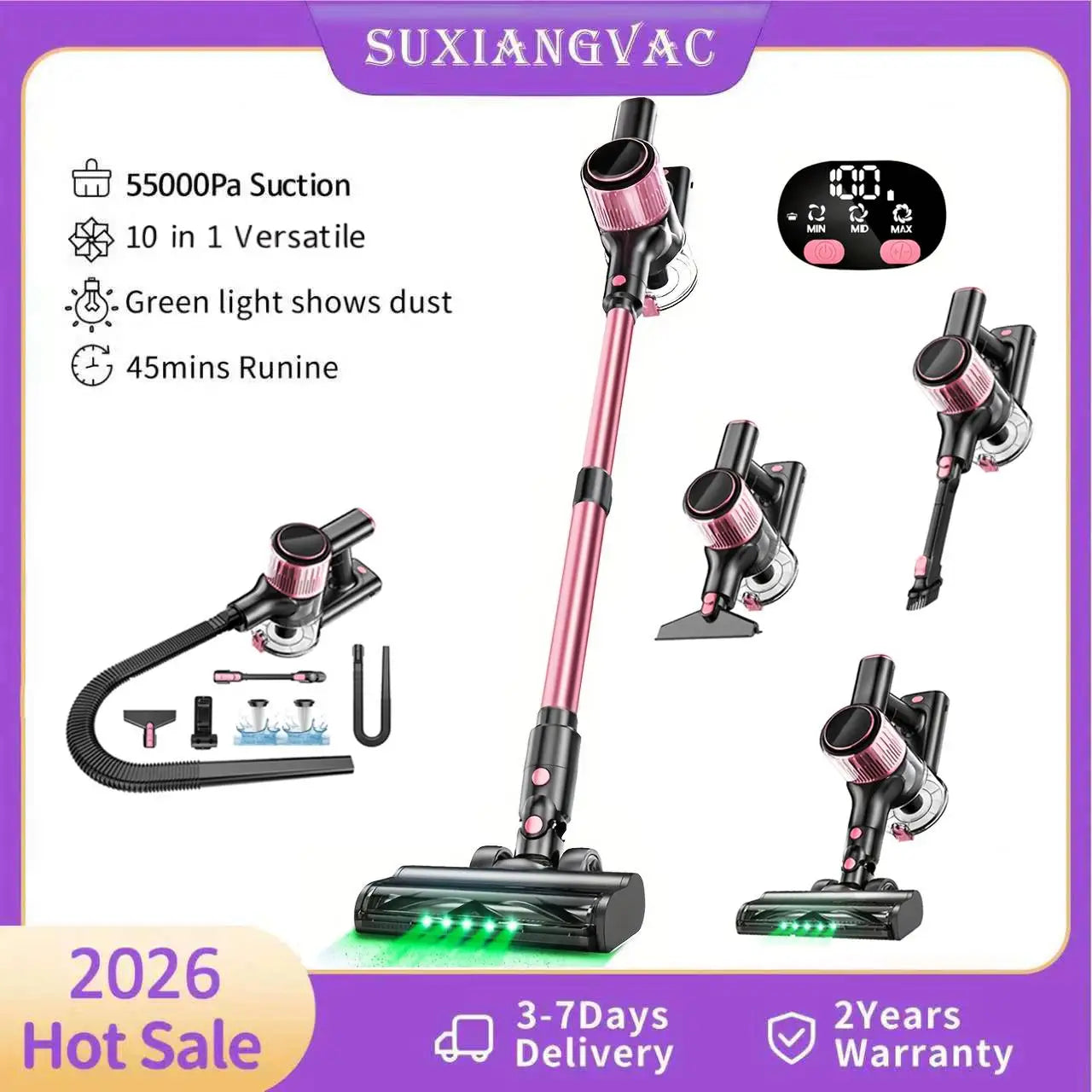 SUXIANGVAC Cordless Vacuum Cleaner 55KPa 500W 45Min Run Time 10in1