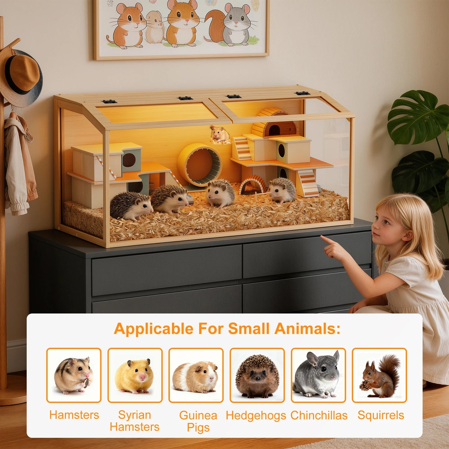 Natural Wooden Hamster Cage With Glass Panels And LED Light
