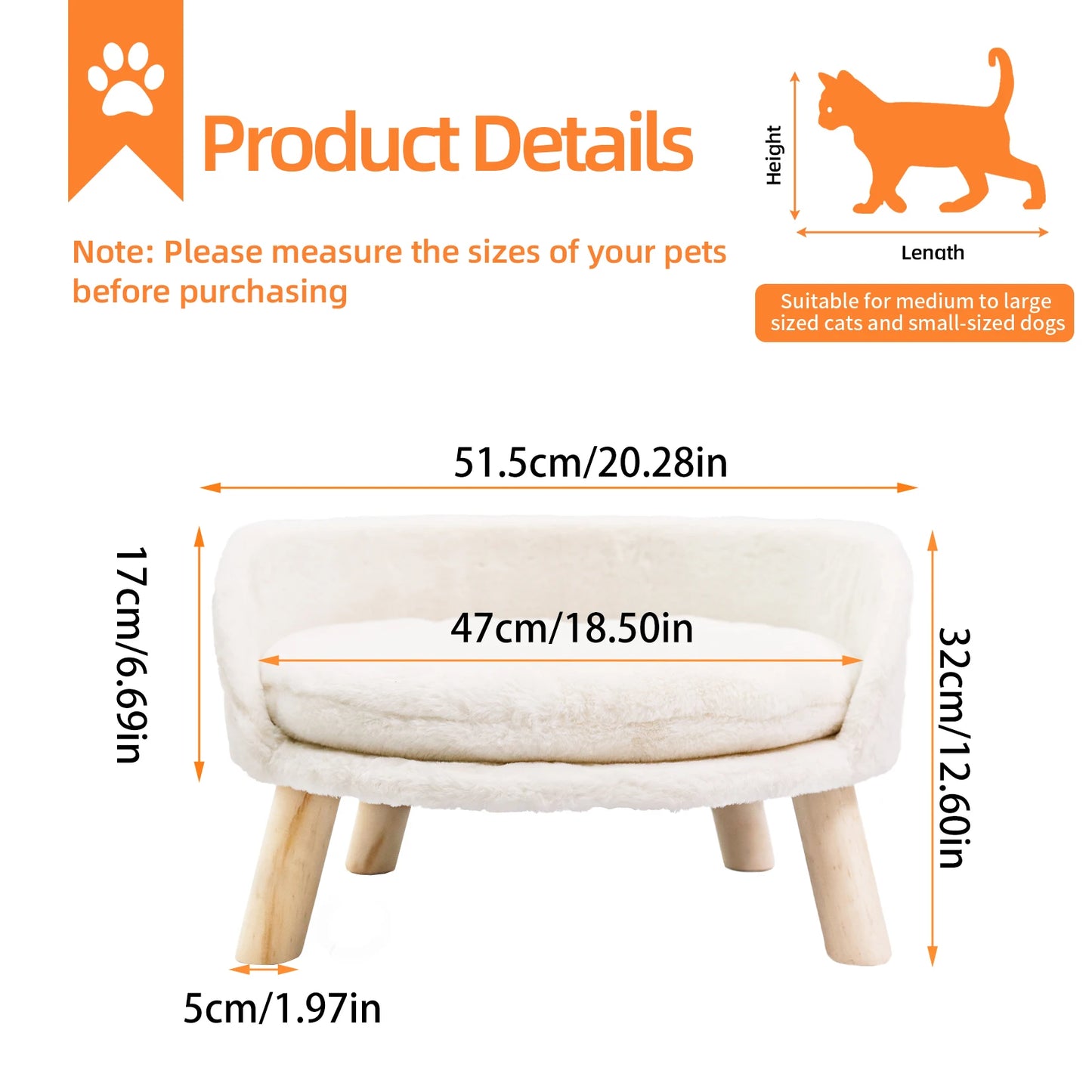 BORWART Ultra Soft Elevated Dog Cat Sofa Bed With Removable Waterproof Cushion