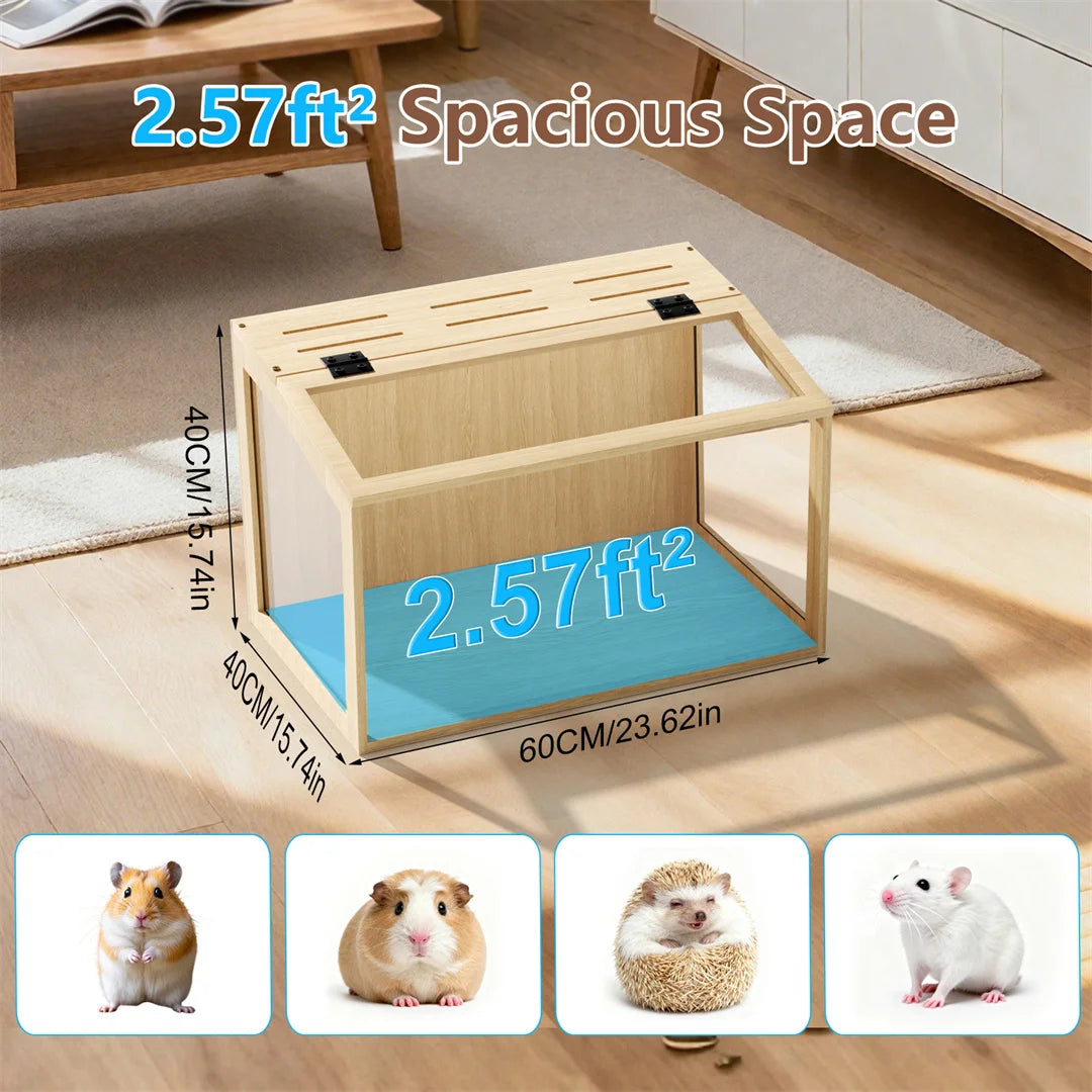 Natural Wooden Hamster Cage With Glass Panels And LED Light