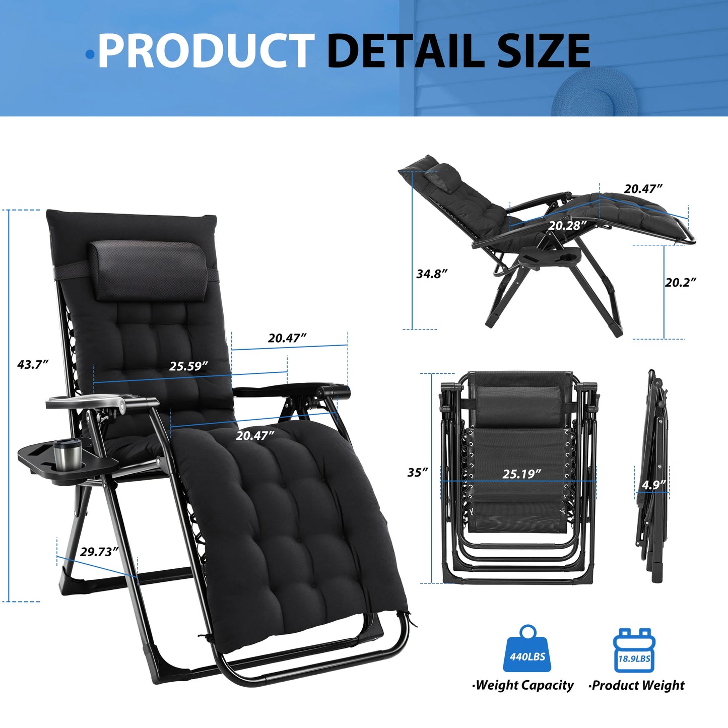 MCQ Zero Gravity Cushioned Lounge Chair Outdoor Folding Cup Holder