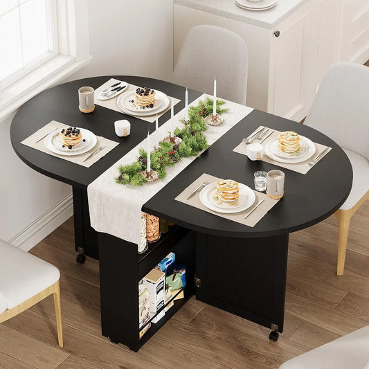 HiMISS Foldable Dining Table With Wine Rack And Storage Drawer
