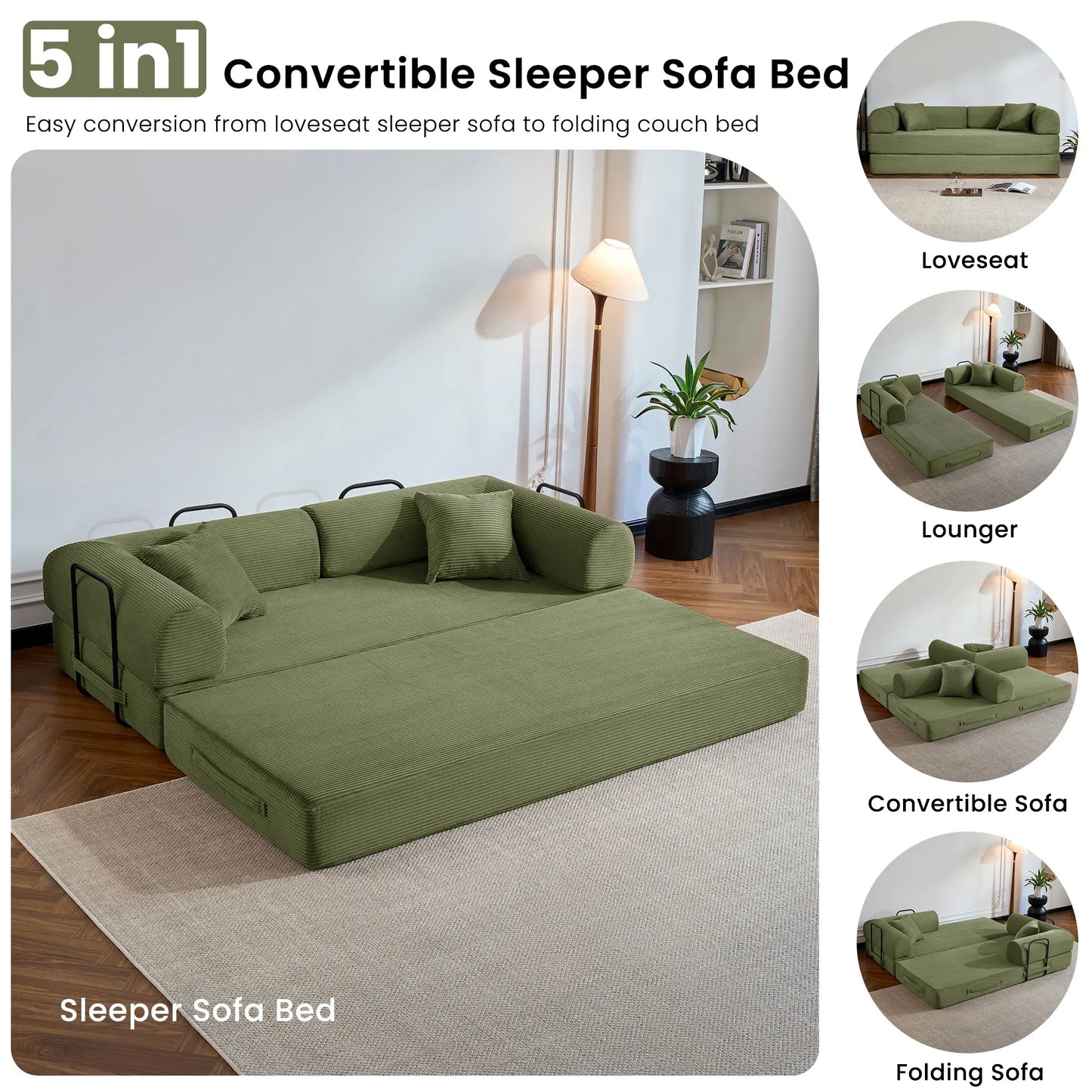 Modern Corduroy Foldable Sofa Bed Removable Cover L-Shaped Armrests