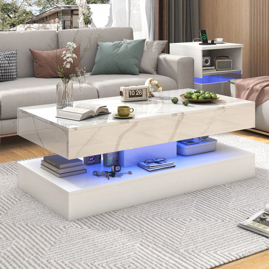 QiaoShiRen Modern LED Coffee Table With Double Storage Drawers