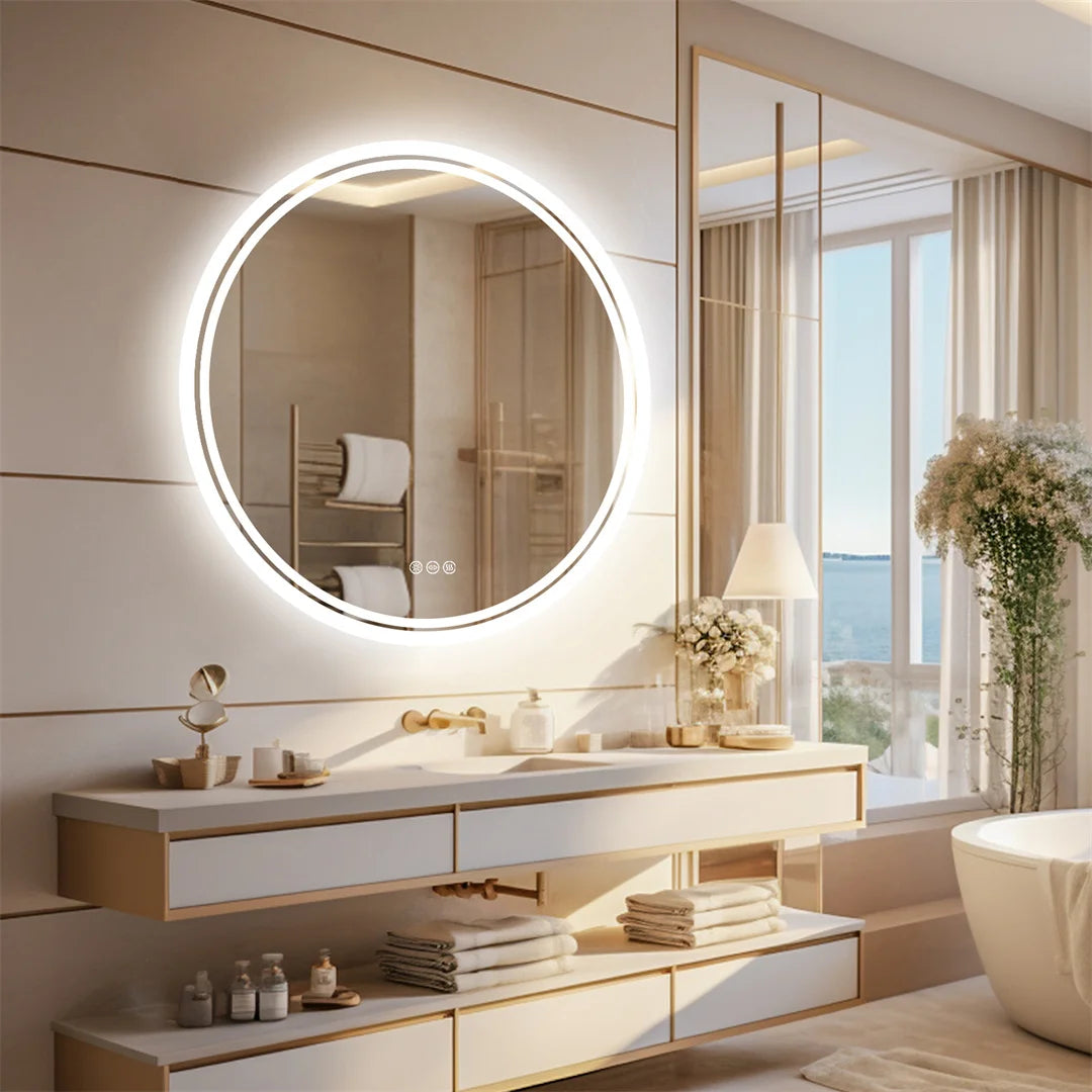 LUVODI Round LED Bathroom Mirror With Touch Dimmer Anti Fog