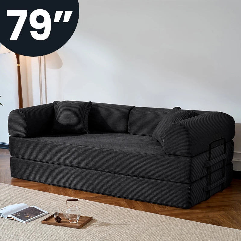 Modern Corduroy Foldable Sofa Bed Removable Cover L-Shaped Armrests