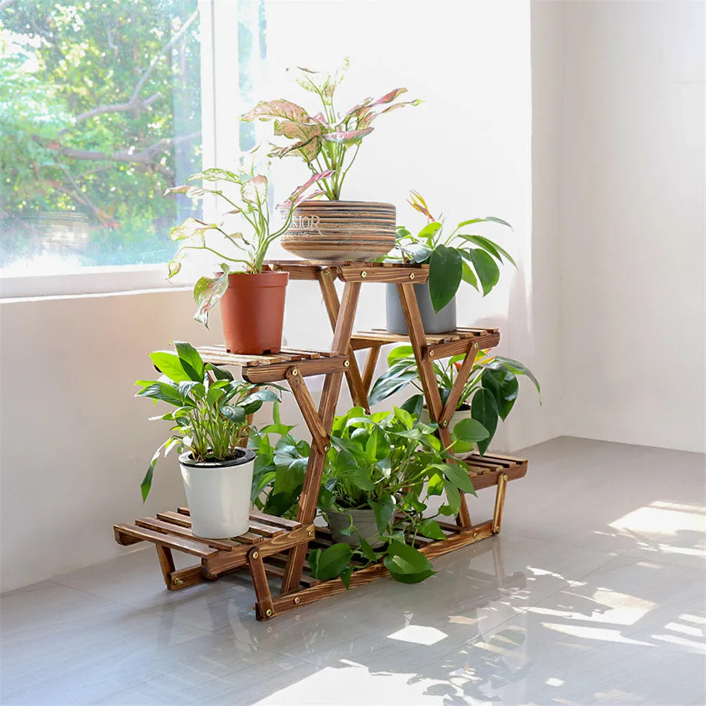 Carbonized Triangle 6 Tier Corner Wood Plant Stand Indoor Outdoor