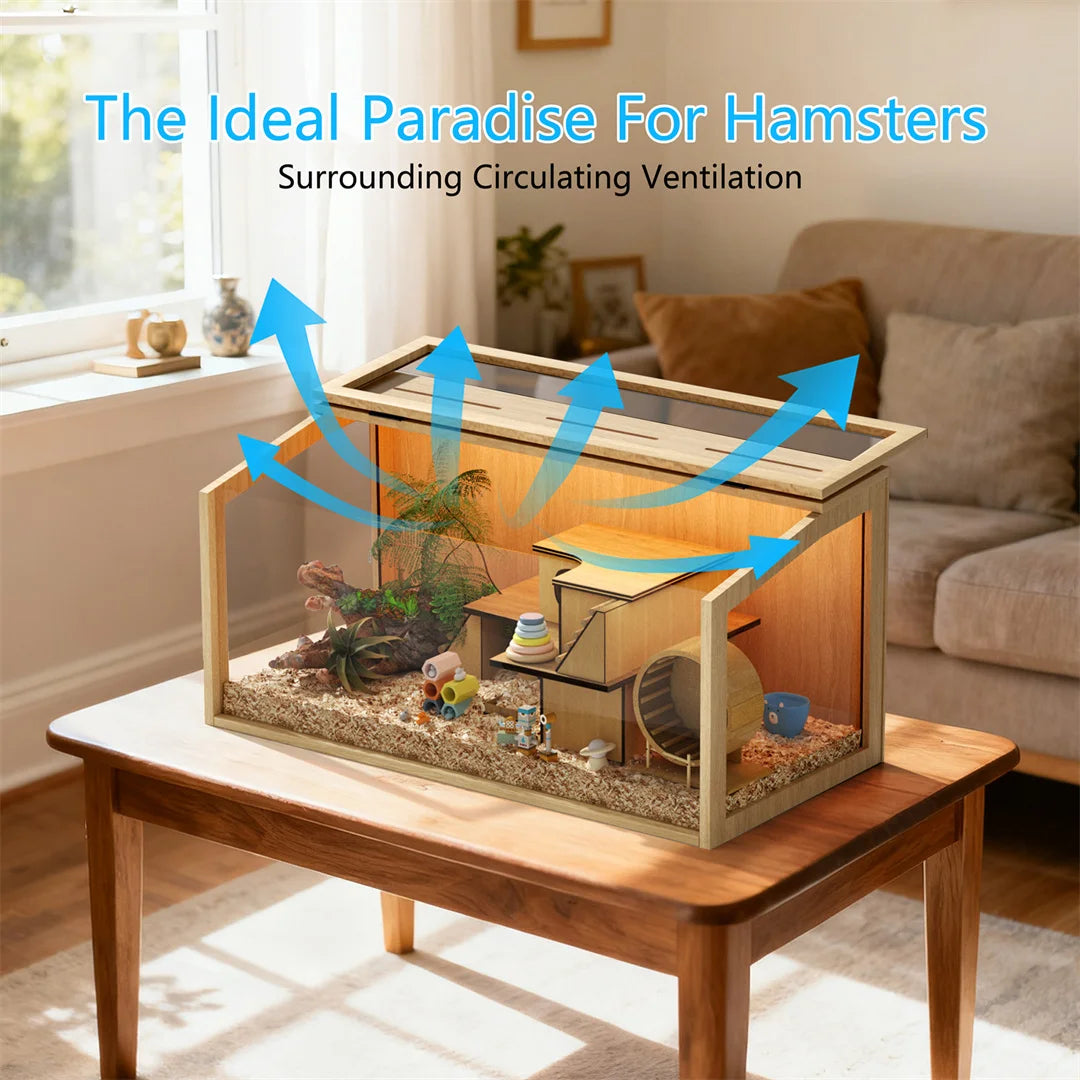 Natural Wooden Hamster Cage With Glass Panels And LED Light