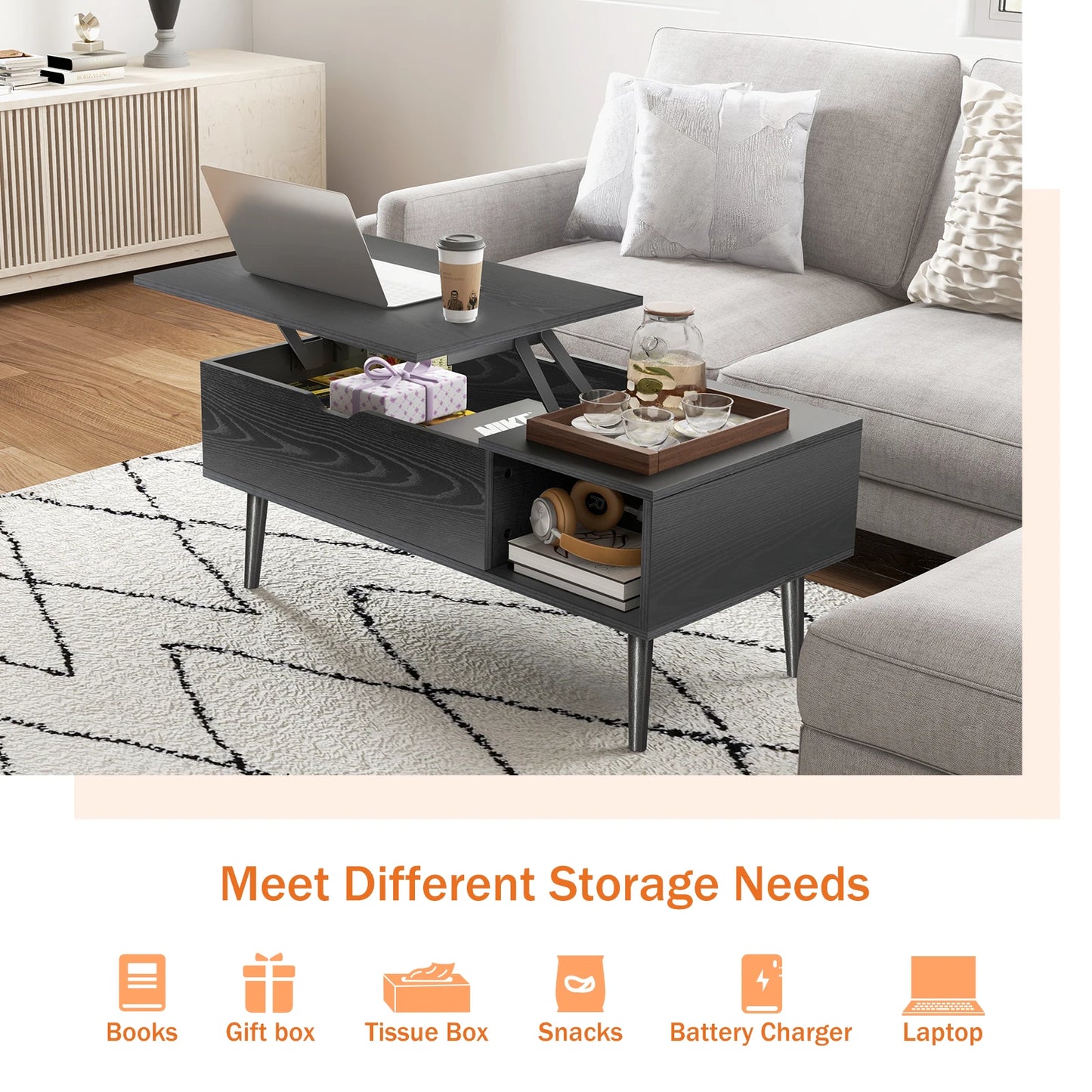 JHK Lift Top Coffee Table With Adjustable Storage For Living Room