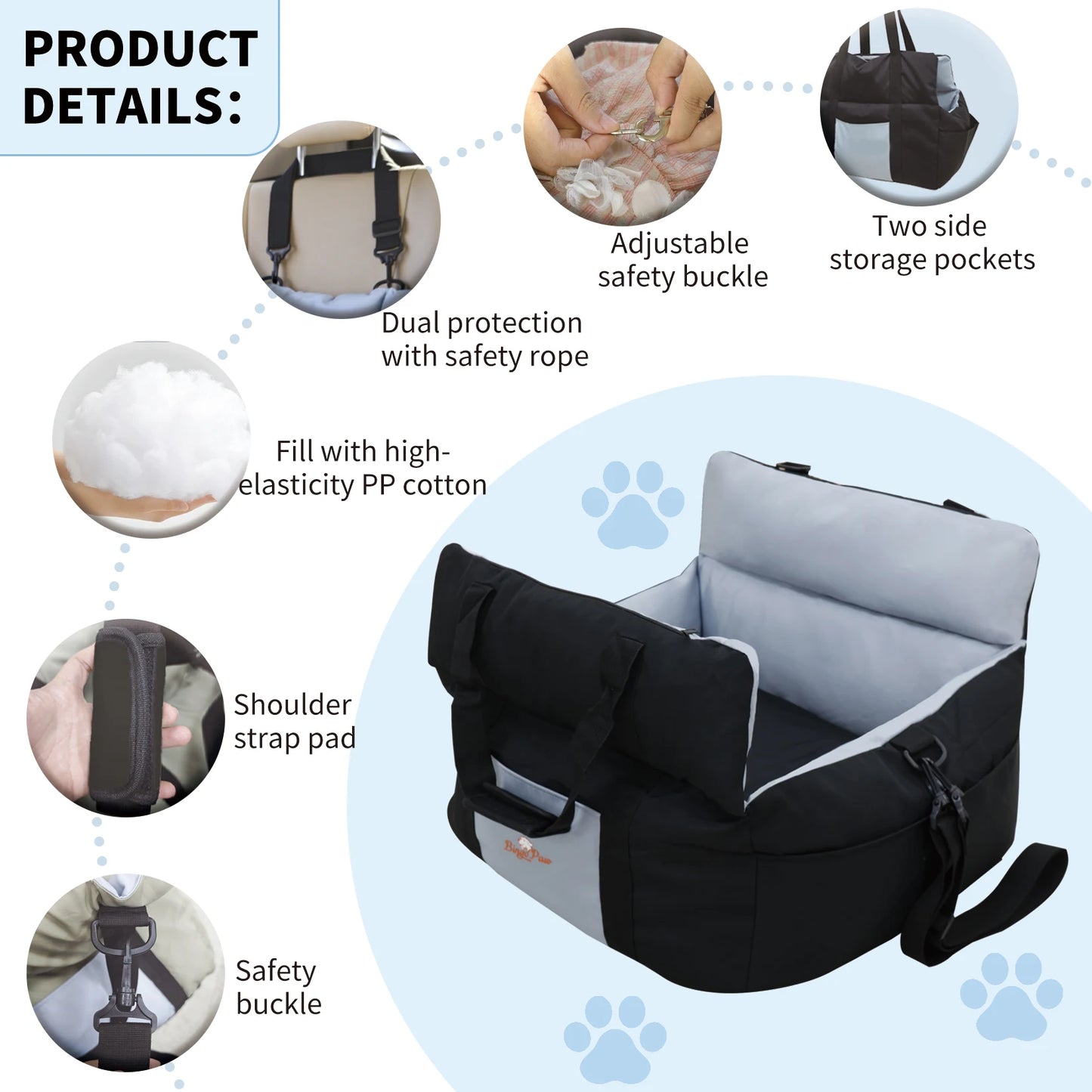 BORWART Portable Dog Car Seat Booster With Safety Belt Pocket