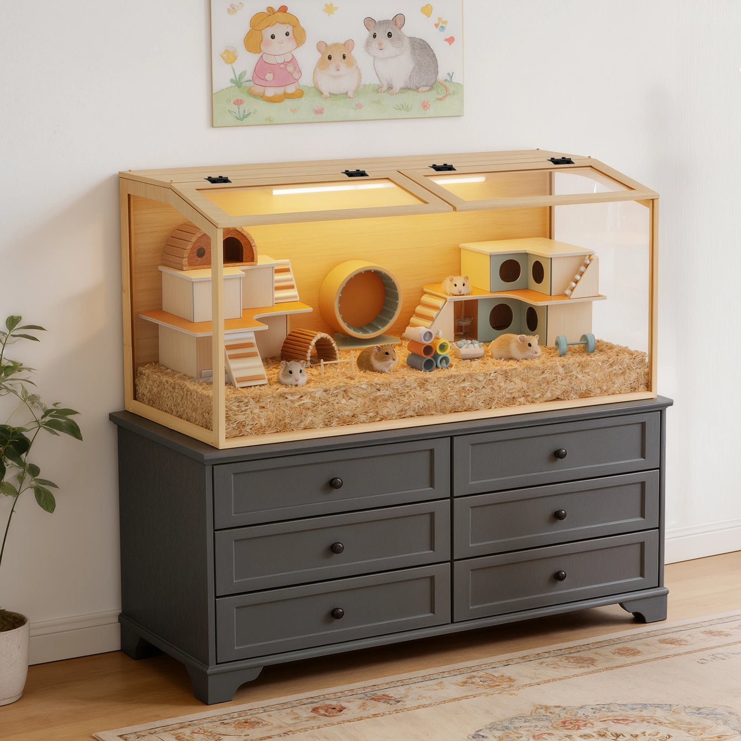 Natural Wooden Hamster Cage With Glass Panels And LED Light
