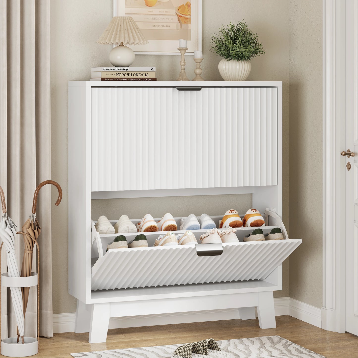 Shoe Cabinet With 2 Flip Drawers Narrow Tall Wooden Storage