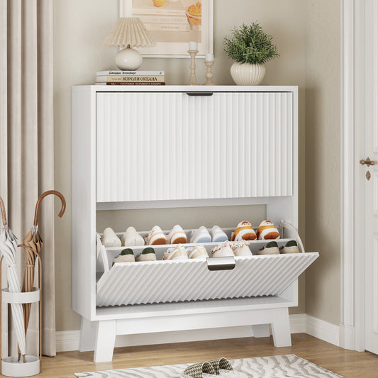 Shoe Cabinet With 2 Flip Drawers Narrow Tall Wooden Storage