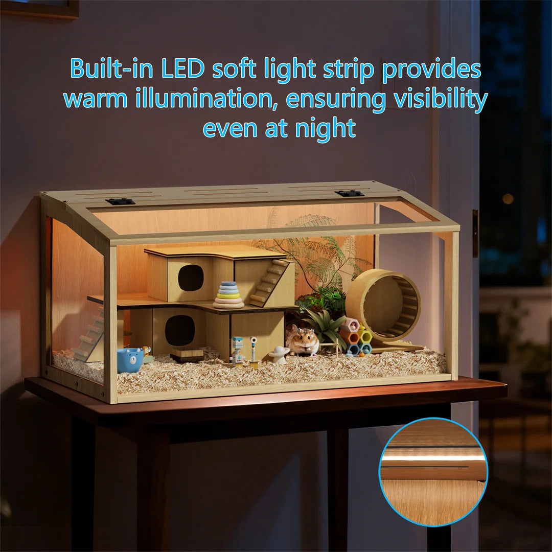 Natural Wooden Hamster Cage With Glass Panels And LED Light