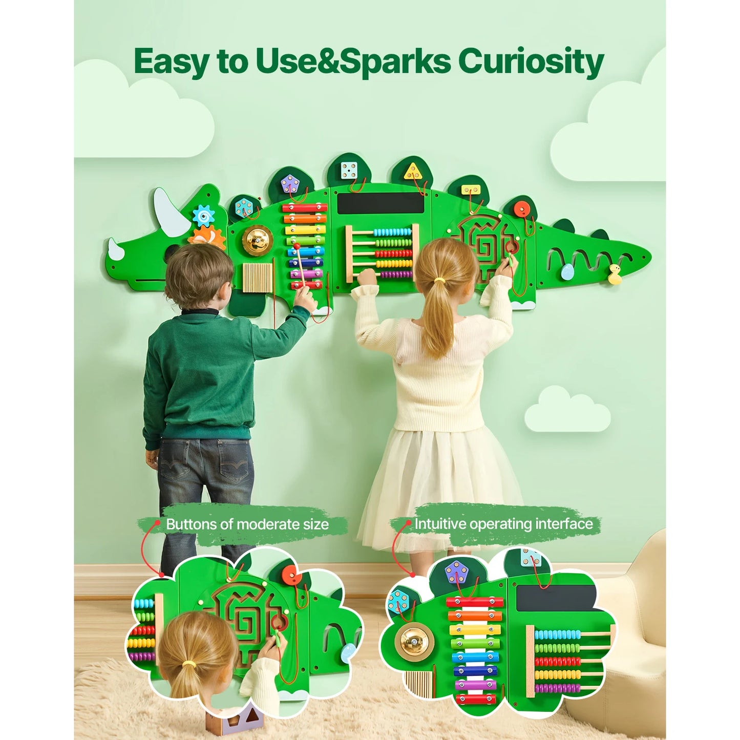 SucceBuy Dinosaur Kids Busy Wall Board 11 Activity Panels Montessori Sensory Toy