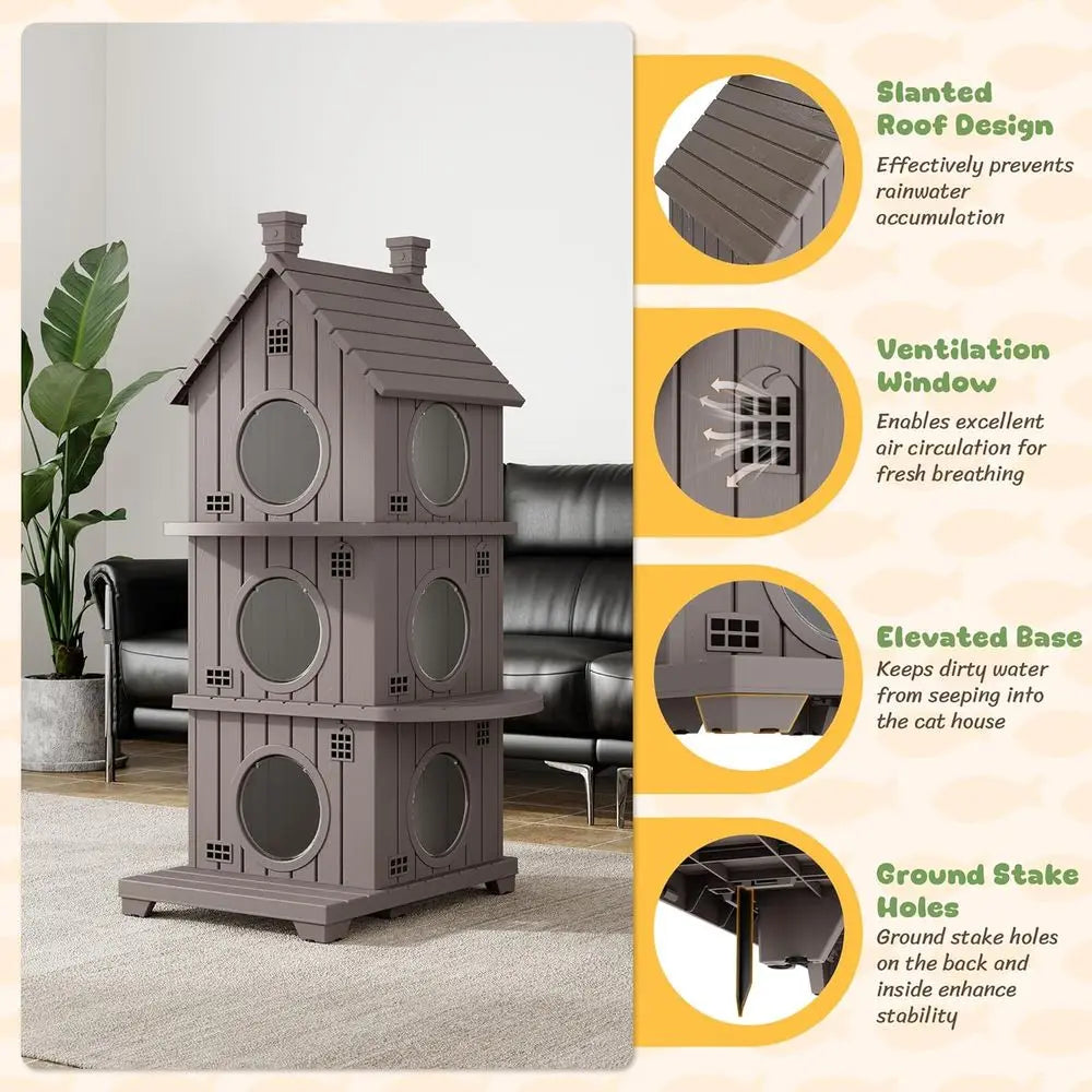 Outdoor Resin Cat House Weatherproof With Elevated Base
