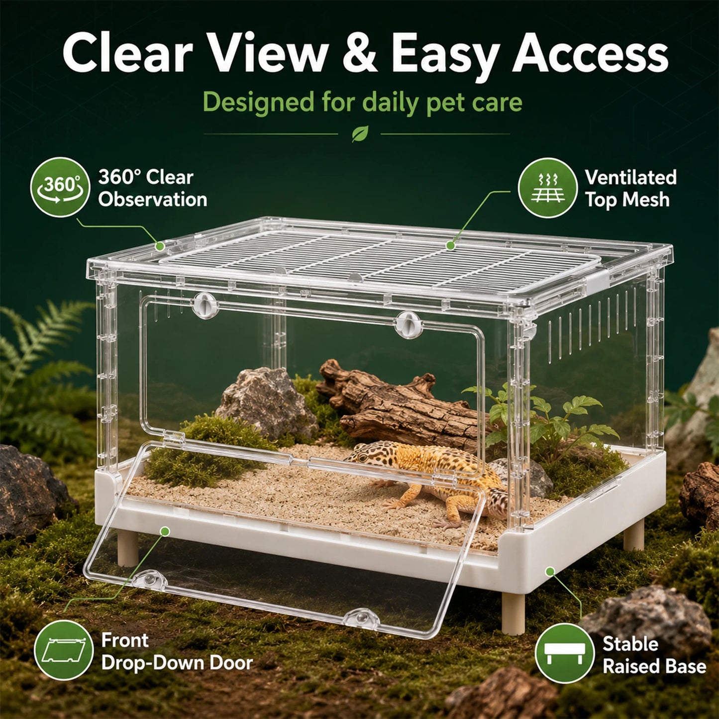 Acrylic Reptile Terrarium With Front Opening Door Clear Ventilation