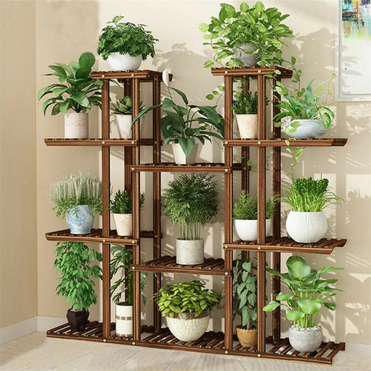 Wooden 11 Tier Plant Stand Carbonized Rustic Garden Display