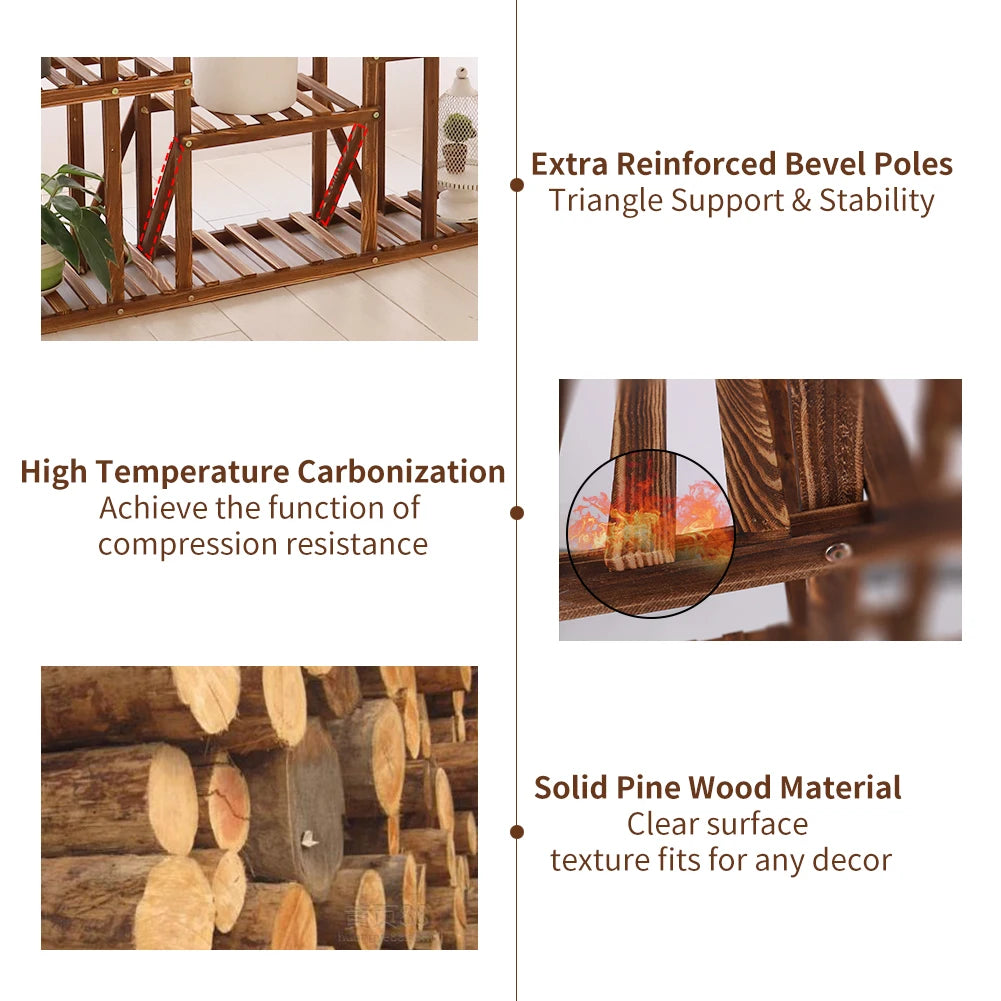 Wooden 11 Tier Plant Stand Carbonized Rustic Garden Display