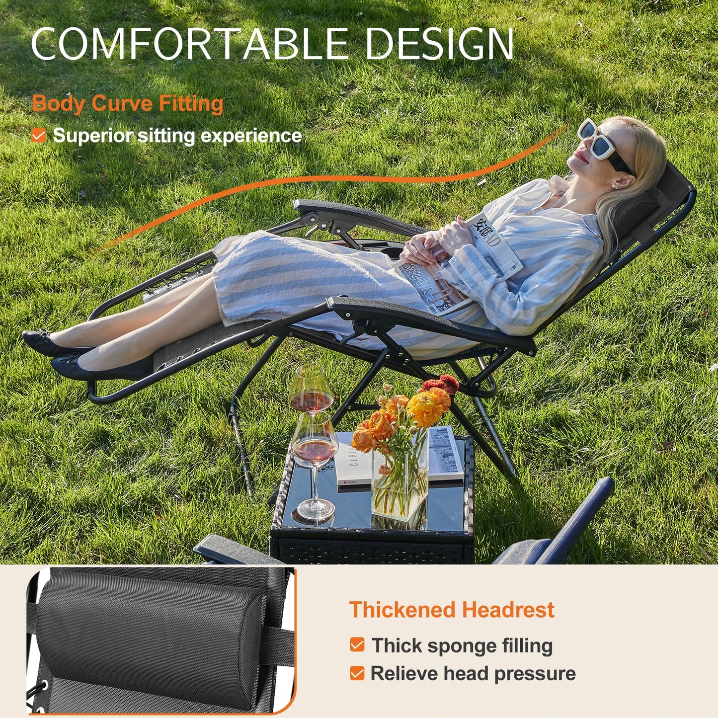 JHK Zero Gravity Portable Recliner With Cup Holder Trays Outdoors