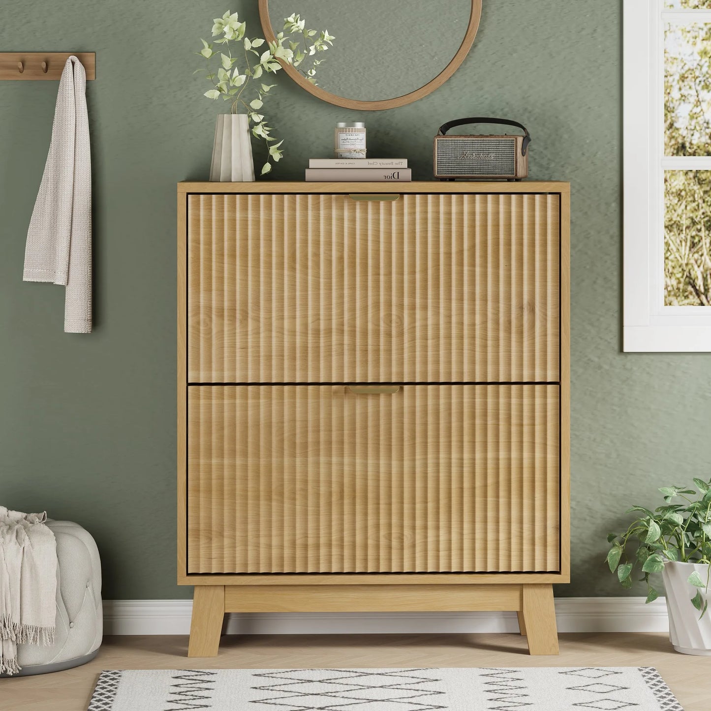 Shoe Cabinet With 2 Flip Drawers Narrow Tall Wooden Storage