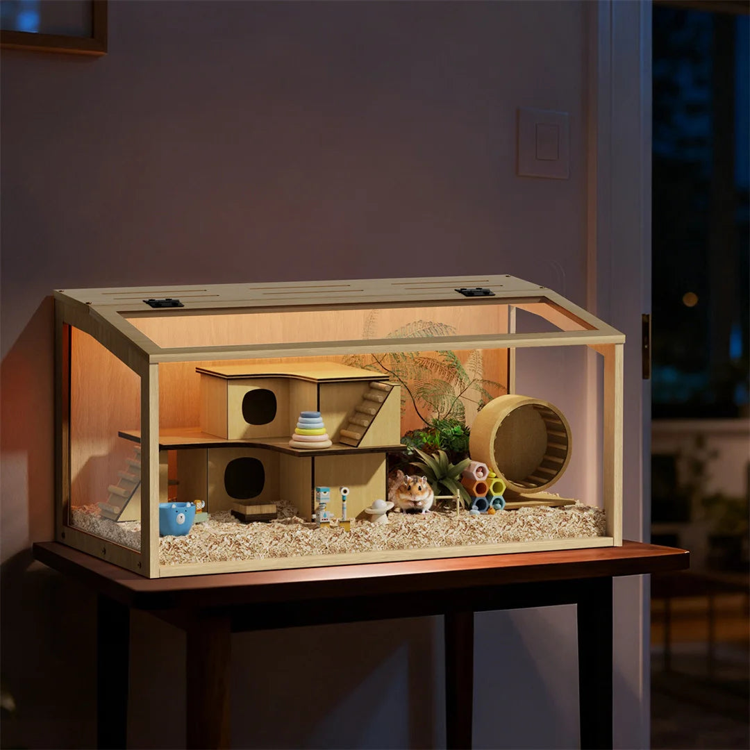 Natural Wooden Hamster Cage With Glass Panels And LED Light