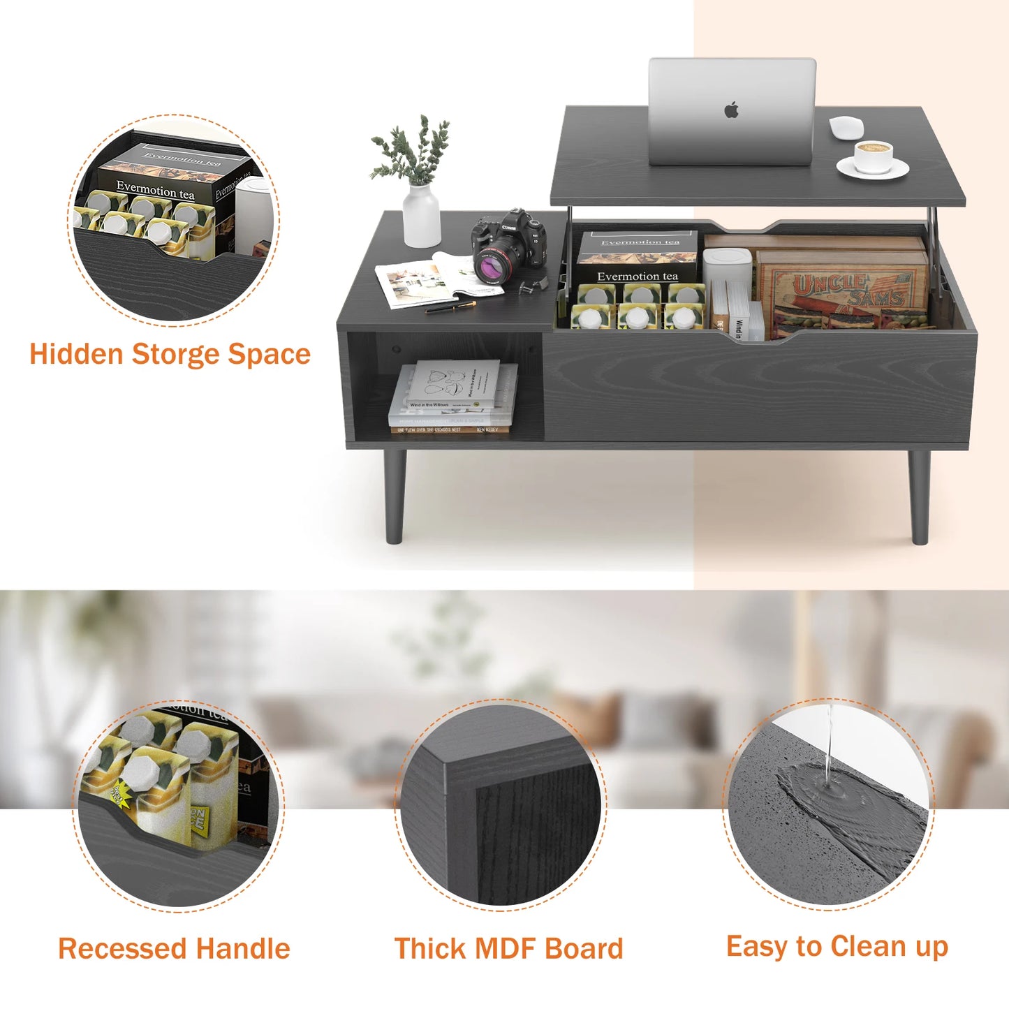 JHK Lift Top Coffee Table With Adjustable Storage For Living Room