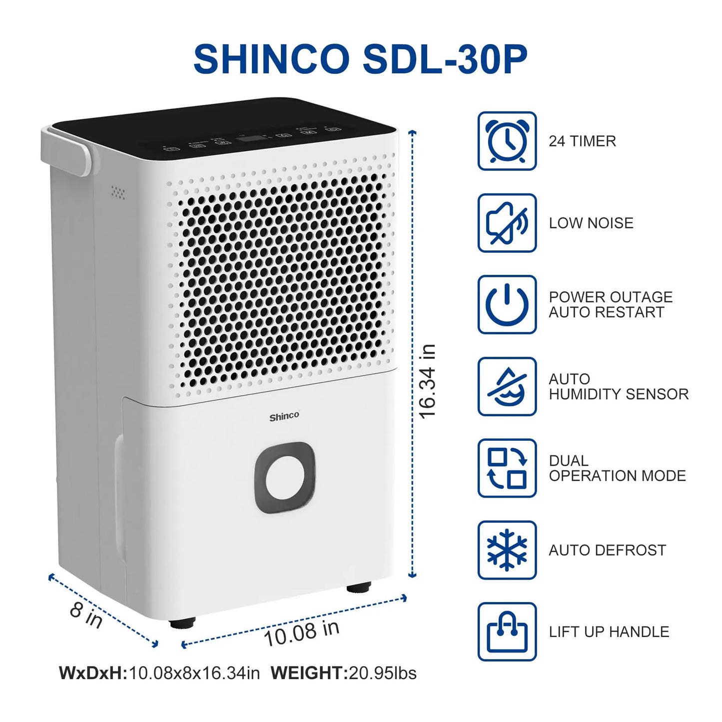 Shinco Dehumidifier With Auto Or Manual Drainage For Home Basements