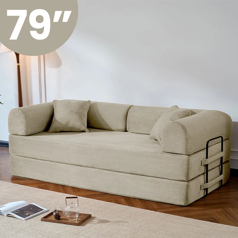 Modern Corduroy Foldable Sofa Bed Removable Cover L-Shaped Armrests