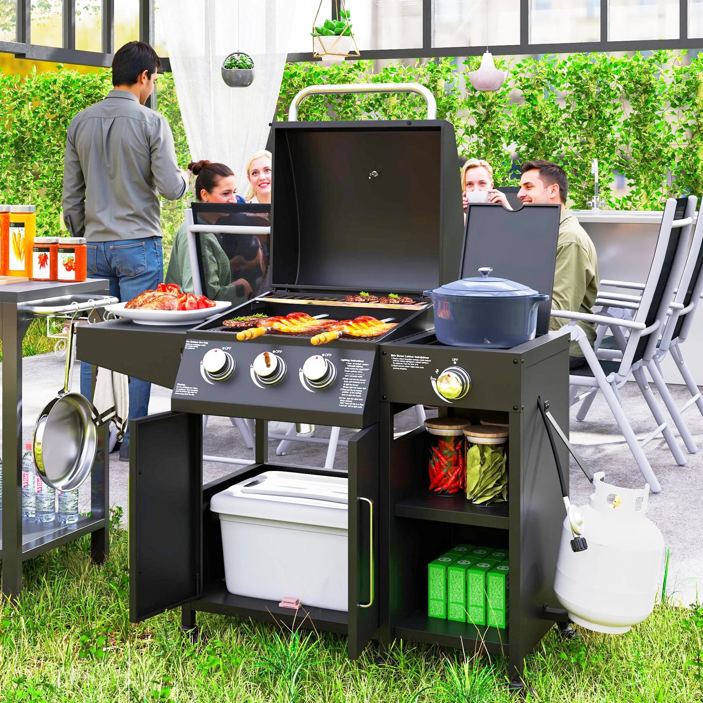 3 Burner Gas Grill With Side Burner And Warming Rack