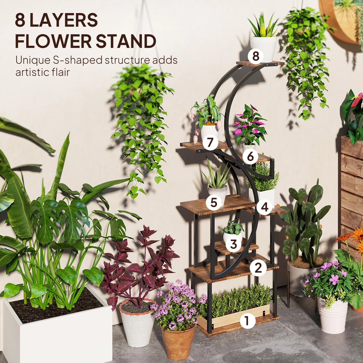 8 Tier Plant Stand S Shaped Corner Shelf Carbonized Finish