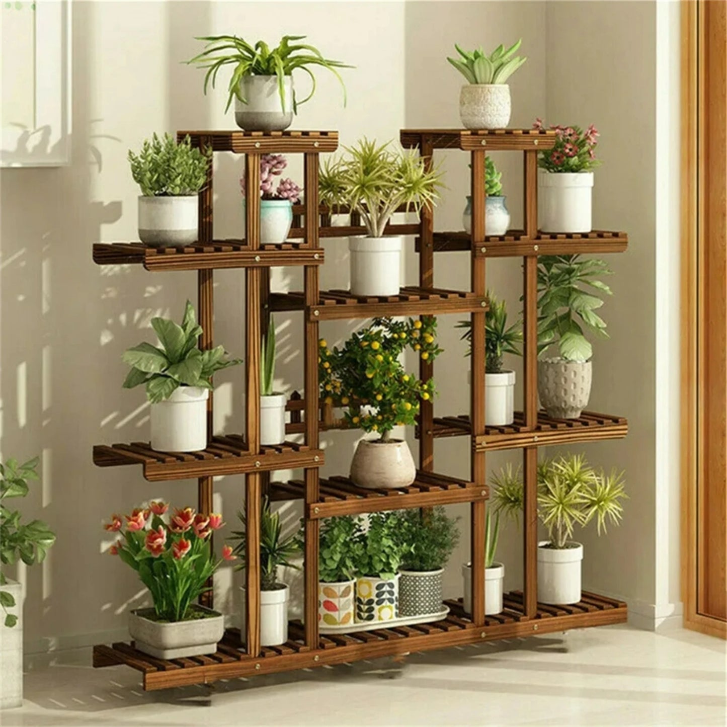 Wooden 11 Tier Plant Stand Carbonized Rustic Garden Display