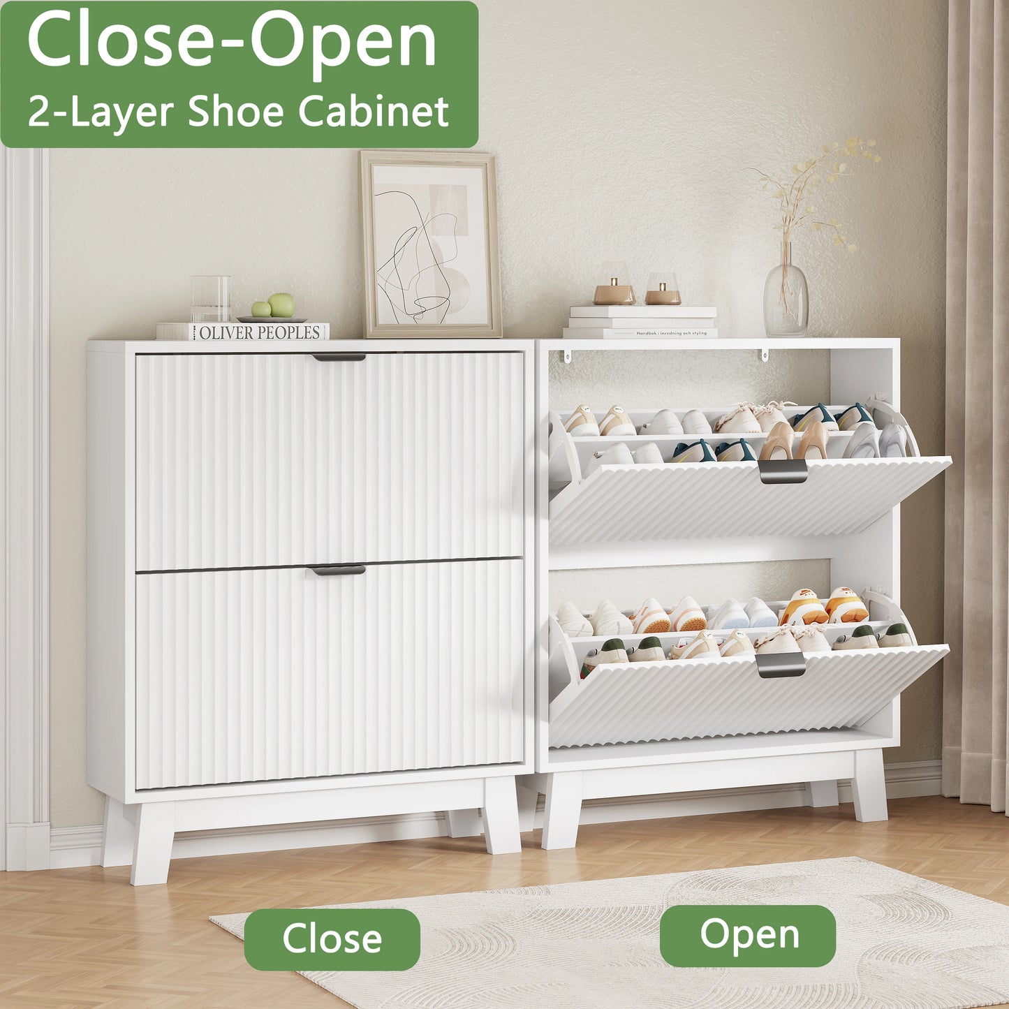 Shoe Cabinet With 2 Flip Drawers Narrow Tall Wooden Storage