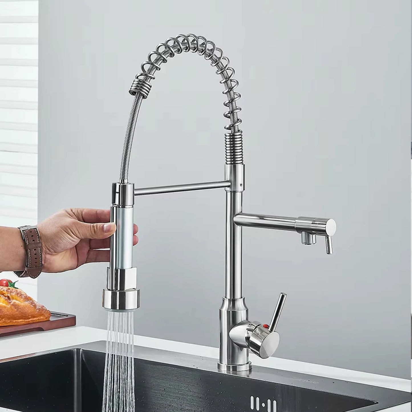 Onyzpily Stainless Steel Pull Down Kitchen Faucet With Dual Spout