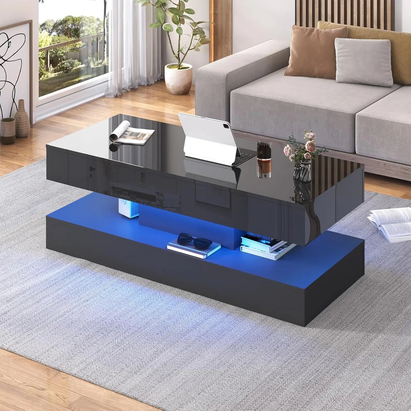 QiaoShiRen Modern LED Coffee Table With Double Storage Drawers